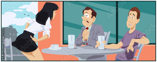 Friends quarrel in cafe. Illustration for internet.