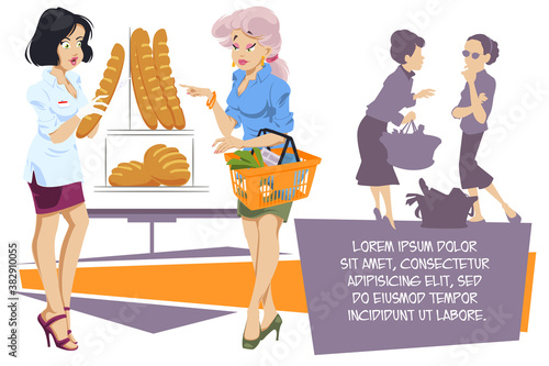 Beautiful saleswoman in bread store. Trade in bakery. Picture concept for web page design.