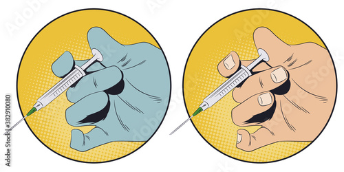 Doctor hand press syringe ready to inject. Stock illustration.