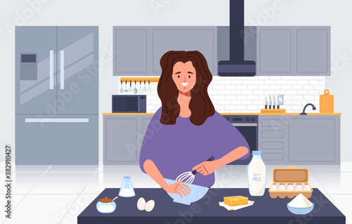 Woman character cook breakfast on home kitchen. Vector flat graphic design illustration