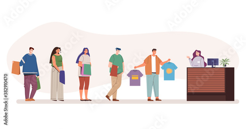 People waiting in line clothing shop concept. Vector flat graphic design cartoon illustration