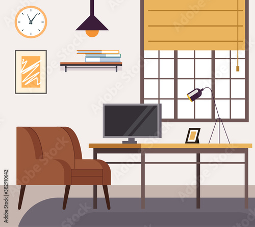 Home freelancer workplace room interior concept. Vector flat graphic design illustration