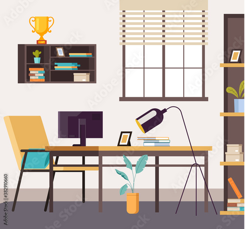 Home workplace room interior concept. Vector flat graphic design illustration