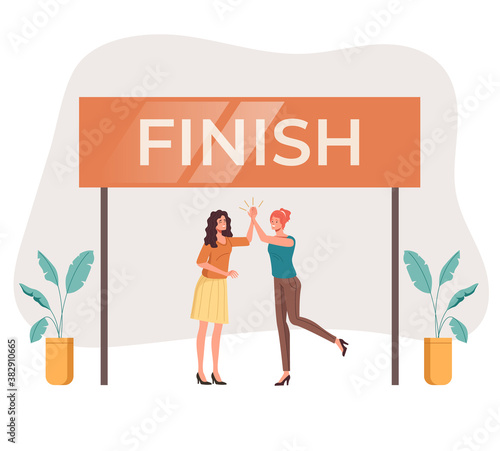 Two woman friends characters happy celebration crossing finish line and giving five. Vector flat graphic design illustration