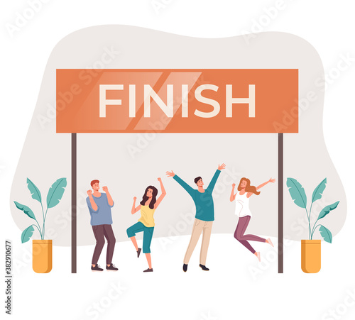 People friends characters man woman happy celebration crossing finish line. Vector flat graphic design illustration