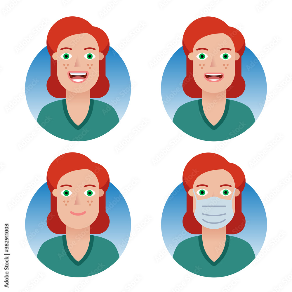 Avatars for business and social media accounts set. Red-haired woman. Various emotions. Medical mask, the COVID-19 pandemic protecting. Avatars for business and social media accounts set. Red-haired woman. Various emotions. Medical mask, the COVID-19 pandemic protecting.