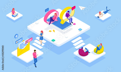 Isometric woman and man typing on mobile smartphone.Short message service bubbles. Chat in social networks on speech bubble send messages photo selfie call using laptop and phone.