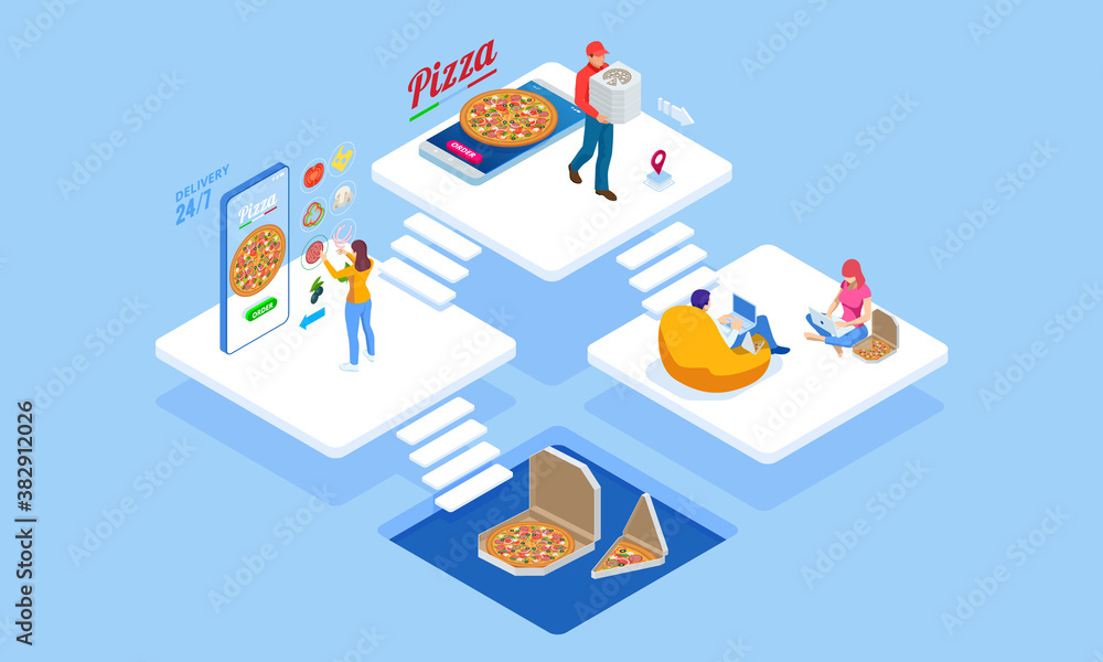 Isometric Online Pizza Order mobile app templates. Free delivery, Fast food delivery online service. Ecommerce concept order food online website. Fast food pizza delivery online service.