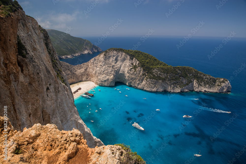 Amazing Navagio Beach in Zakynthos Island with Ship Wreck beach and Navagio bay visible. The most famous natural landmark of Zakynthos, Greek island in the Ionian Sea .