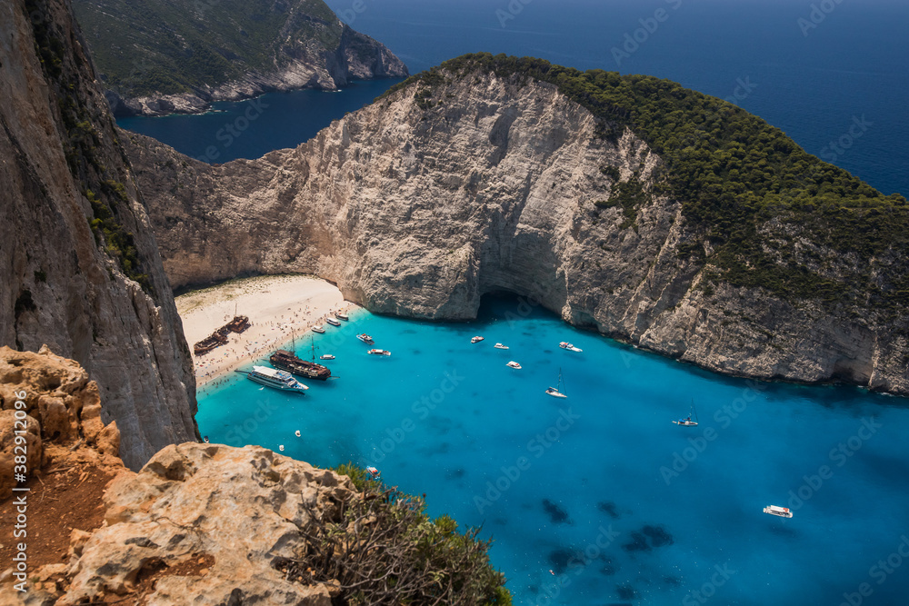 Panorama of Amazing Navagio Beach in Zakynthos Island with Ship Wreck beach and Navagio bay visible. The most famous natural landmark of Zakynthos, Greek island in the Ionian Sea .