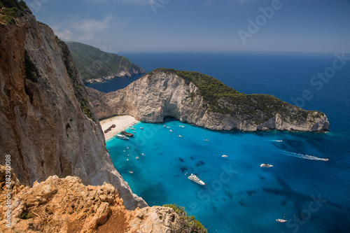 Amazing Navagio Beach in Zakynthos Island with Ship Wreck beach and Navagio bay visible. The most famous natural landmark of Zakynthos, Greek island in the Ionian Sea .
