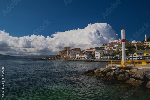 Panorama of coastal village of Eceabat, viewed from the ferry going from the ferry port towards Canakkale. photo