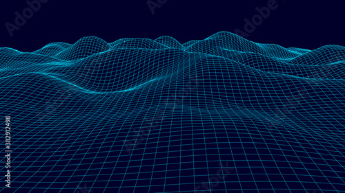 Vector wireframe 3d landscape. Technology grid illustration. Network of connected dots and lines. Futuristic background.