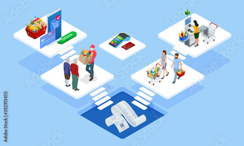 Isometric Online food ordering from supermarket using mobile app. Shopping basket with fresh food. Grocery supermarket  food and eats online buying and delivery concept.