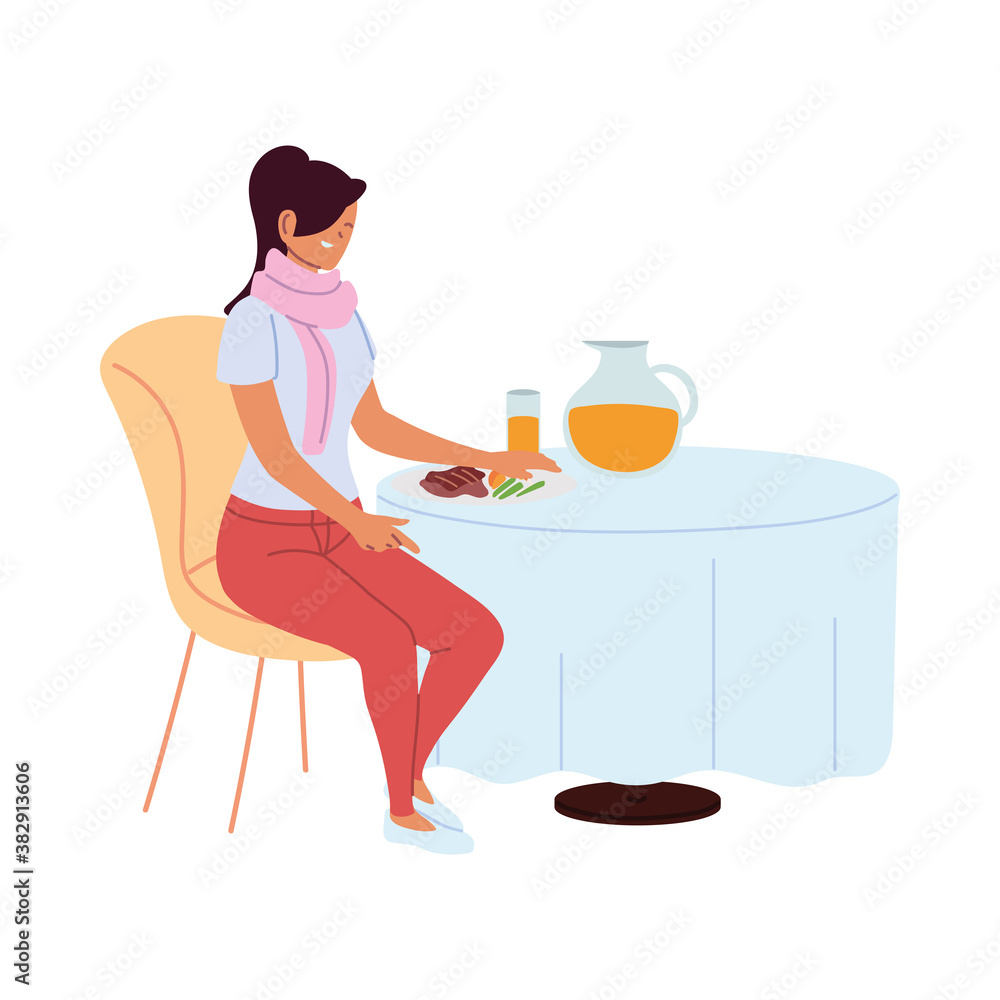 young woman sitting in a restaurant dining alone on white background young woman sitting in a restaurant dining alone on white background