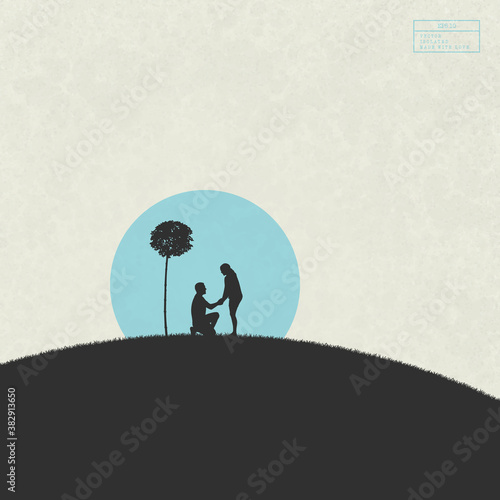 Lovers under tree. Marriage proposal. People in love vector silhouette