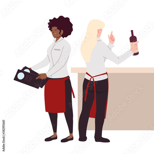 waitresses in uniform and with menu in hand in restaurant