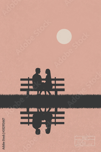 Lovers sitting on bench in park. Isolated silhouette of loving couple. White sun on peachy texture background. Abstract vector illustration for use in design, decor