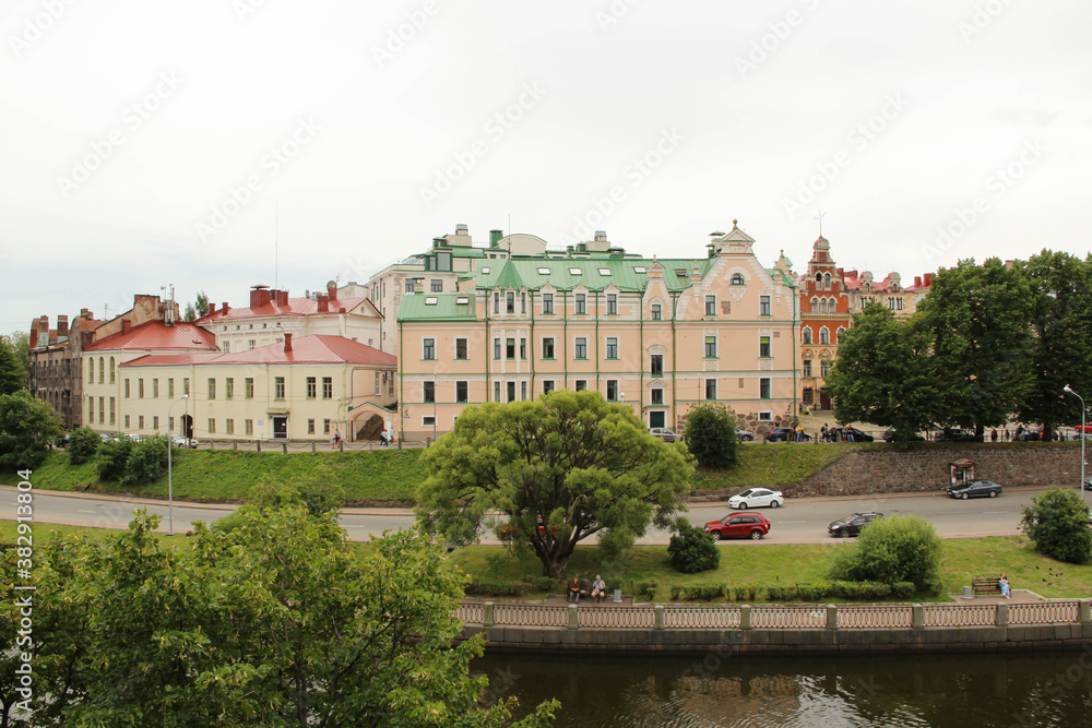 Fototapeta premium Beautiful landscape of the old town in Vyborg, Russia