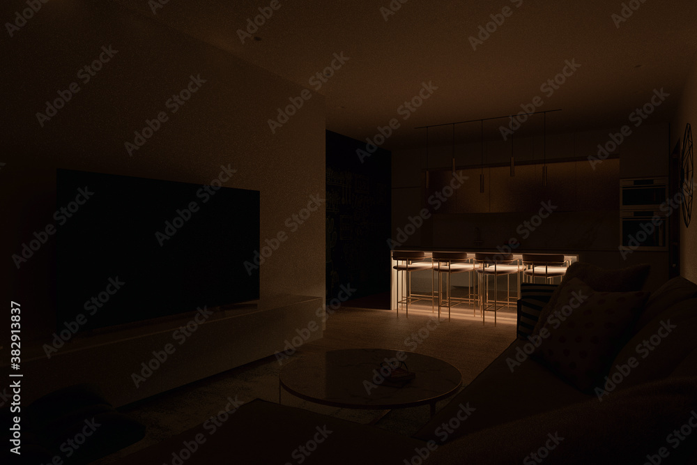 3d illustration of a living room overlooking the kitchen. Interior design in a modern Mediterranean style. Series of illustrations with different lighting designs 3d illustration of a living room overlooking the kitchen. Interior design in a modern Mediterranean style. Series of illustrations with different lighting designs