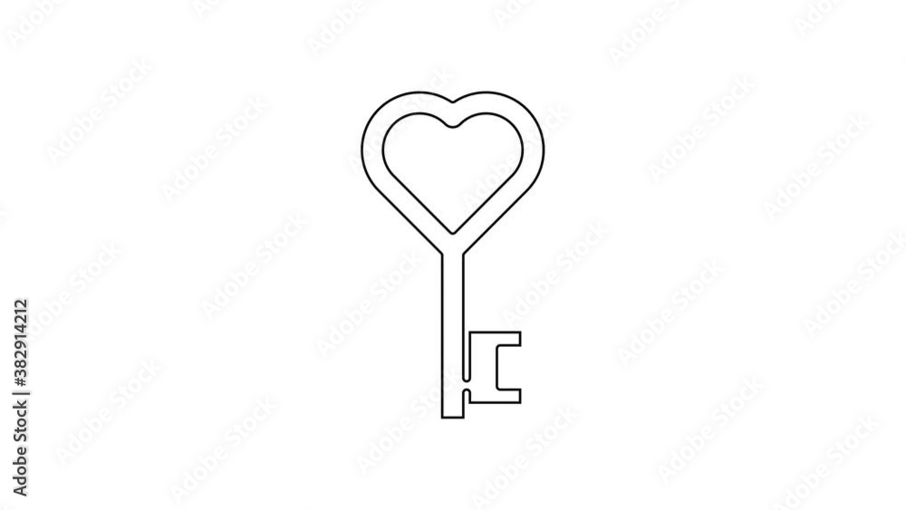 Black line Key in heart shape icon isolated on white background. Valentines day symbol. 4K Video motion graphic animation Black line Key in heart shape icon isolated on white background. Valentines day symbol. 4K Video motion graphic animation