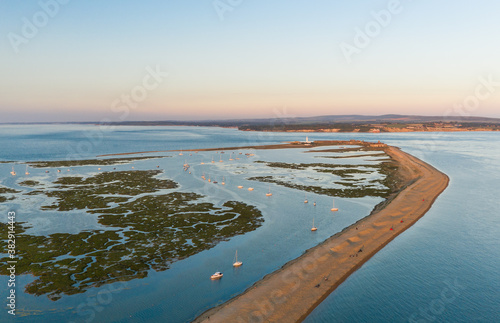 Aerial view of sandbank facing the Isle of Wight and Hurst Castle, UK. photo