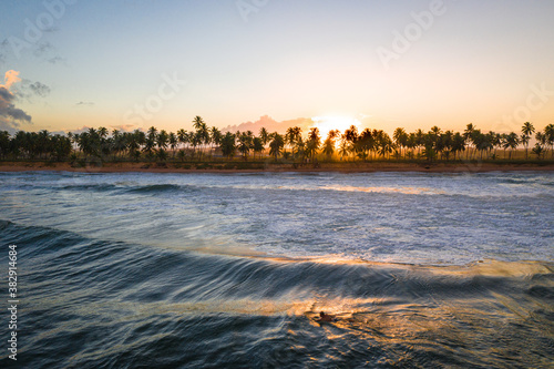 Aerial view of surfer in waves at sunset close to Praia do Forte and Praia do Lord, Brazil.