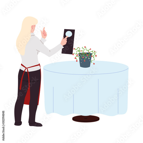 waitress with uniform and menu in hand in the restaurant
