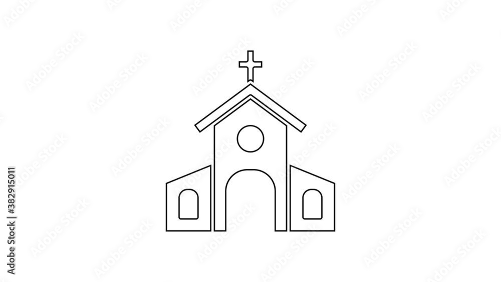 Black line Church building icon isolated on white background. Christian Church. Religion of church. 4K Video motion graphic animation Black line Church building icon isolated on white background. Christian Church. Religion of church. 4K Video motion graphic animation