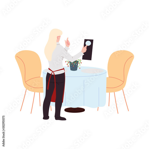 waitress with uniform and menu in hand in the restaurant