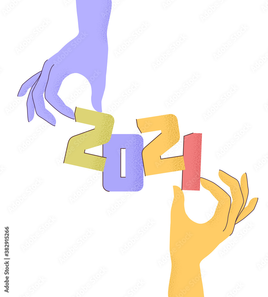 Vector Illustration 2021 with flat cartoon numbers and human hands with trendy grain textured shadow. HAPPY NEW YEAR and greeting merry christmas card, print poster, holiday background, invitation Vector Illustration 2021 with flat cartoon numbers and human hands with trendy grain textured shadow. HAPPY NEW YEAR and greeting merry christmas card, print poster, holiday background, invitation