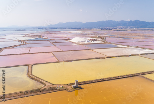 Aerial view of abstract colourful salt flats , Cagliari, Sardinia. photo