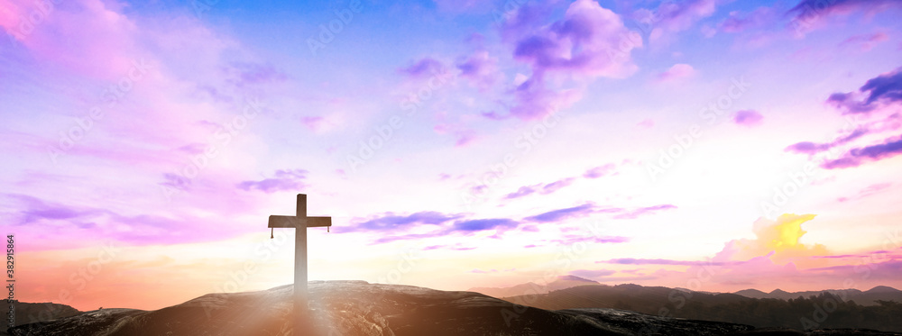 Ascension day concept: The cross on mountain autumn sunrise background	
