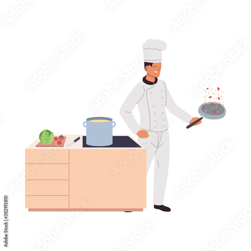 man young cook with stove and pan cooking