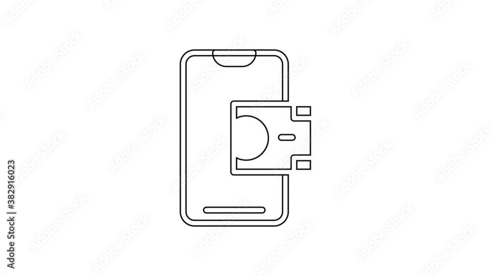 Black line Mobile banking icon isolated on white background. Transfer money through mobile banking on the mobile phone screen. 4K Video motion graphic animation Black line Mobile banking icon isolated on white background. Transfer money through mobile banking on the mobile phone screen. 4K Video motion graphic animation