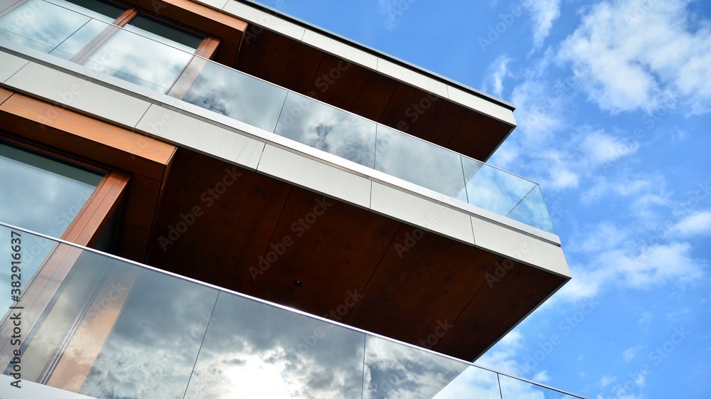Obraz premium Estate property and condo architecture. Fragment of modern residential flat with apartment building exterior. Detail of new luxury home complex. 
