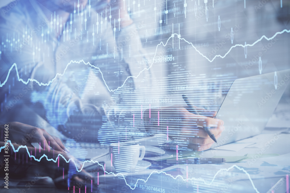 custom made wallpaper toronto digitalDouble exposure of man and woman working together and financial graph hologram. Business concept. Computer background.