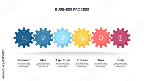 Business infographics. Process with 6 steps, options, gears. Vector template.