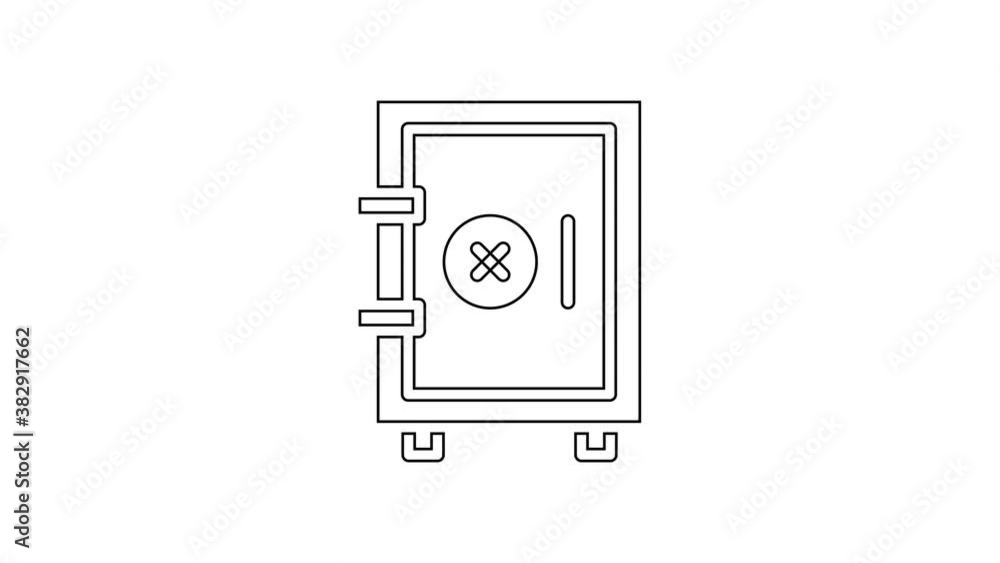 Black line Safe icon isolated on white background. The door safe a bank vault with a combination lock. Reliable Data Protection. 4K Video motion graphic animation Black line Safe icon isolated on white background. The door safe a bank vault with a combination lock. Reliable Data Protection. 4K Video motion graphic animation