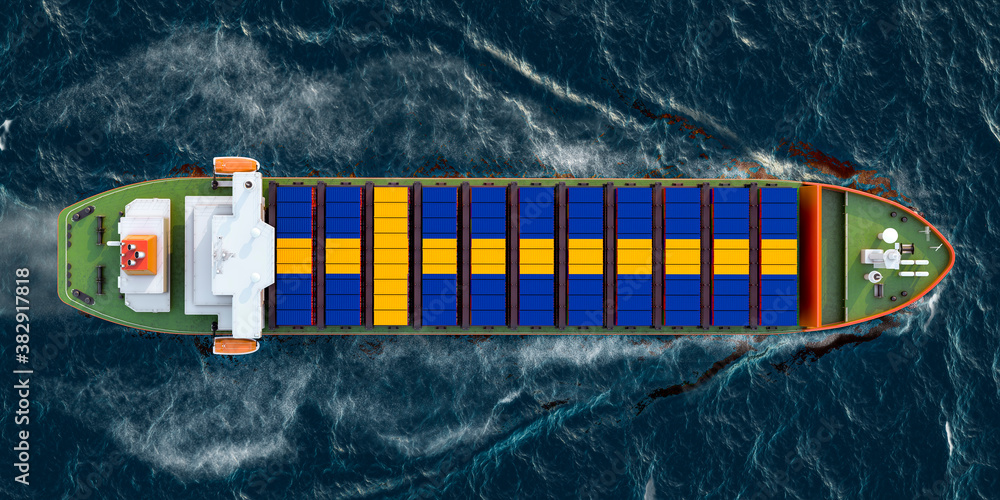 Fototapeta premium Freighter ship with Swedish cargo containers sailing in ocean, 3D rendering