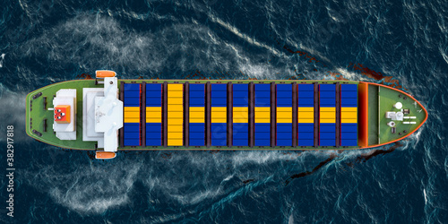 Freighter ship with Swedish cargo containers sailing in ocean, 3D rendering