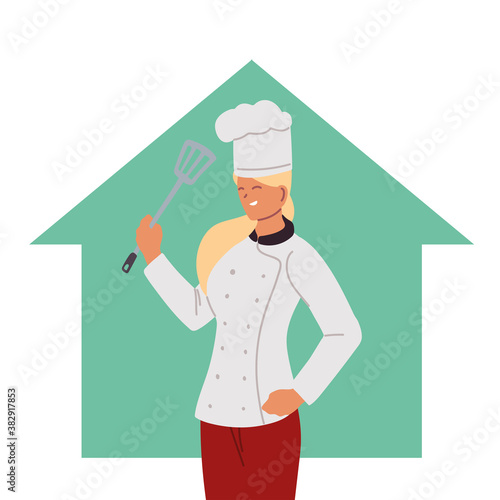 woman chef with uniform and skimme at home