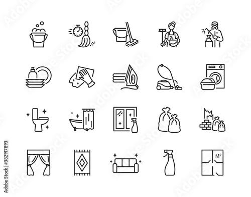 Cleaning service flat line icons set. Vector illustration sections of cleaning company services. Editable strokes