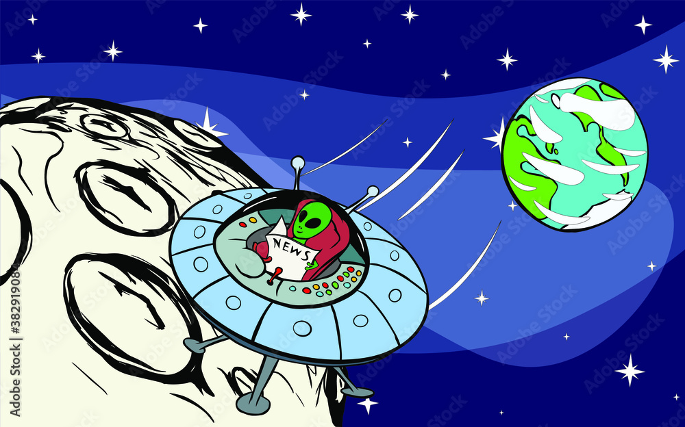 Naklejka premium Smiling green alien with newspaper in flying saucer on space background with Moon, Earth and stars