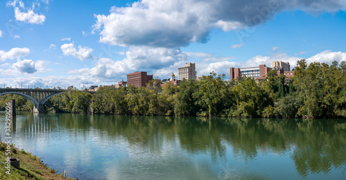 Panorama of the river and city skyline of Fairmont in WV taken from the Palantine park on the waterfront