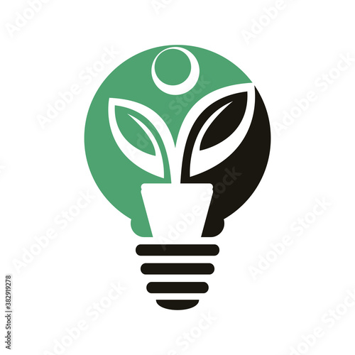 Flower Pot And Plant Logo on Bulb Lamp. Organic Human Light Growth Vector Logo.