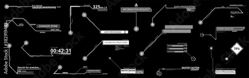 Digital and futuristic Callouts titles bars. Sky-fi elements HUD and bar labels, info, call box bars. Info layout templates. Digital info HUD. Vector set Callout bar and titles for information. 