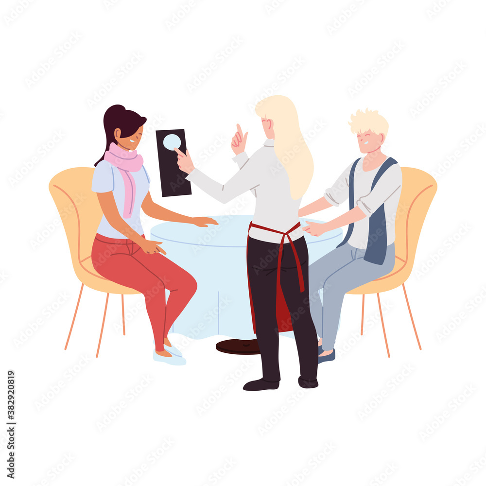 Couple in restaurant and waitress taking the order