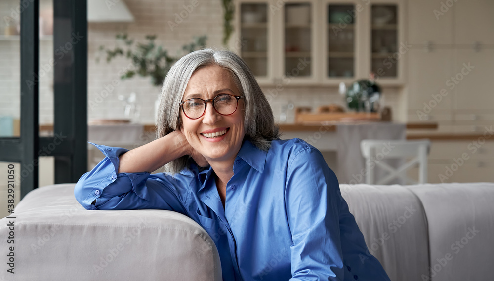 Happy relaxed mature old adult woman wearing glasses resting sitting on couch at home. Smiling middle aged grey-haired elegant senior lady relaxing on comfortable sofa looking at camera. Portrait. - obrazy, fototapety, plakaty 