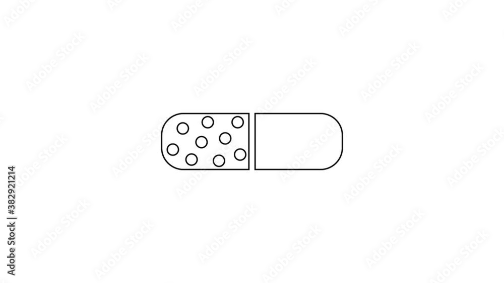 Black line Vitamin complex of pill capsule icon isolated on white background. Healthy lifestyle. 4K Video motion graphic animation Black line Vitamin complex of pill capsule icon isolated on white background. Healthy lifestyle. 4K Video motion graphic animation